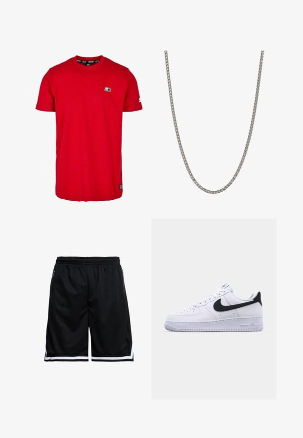 Rode katoenen t-shirt met een ronde hals, korte mouwen en een klein zwart logo op de linkerborst en mouw. Glad, effen kleurstof.; Zwarte sportshort met elastische tailleband, zijzakken met ritssluiting en witte streepdetail langs de zoom.; Witte leren sneaker met een gestructureerde zwarte Swoosh, platte veters en een rubberen zool met een geribbeld patroon. "AIR" is in de hak geperst.; Metalen ketting halsketting met een gevlochten ontwerp, zilverkleurig, met een gladde textuur en gelijkmatige schakels, geschikt voor verschillende stijlen en gelegenheden.