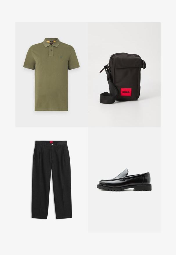 Olijf groene polo shirt van katoen, met een drieknops sluiting, korte mouwen en een klein logo op de borst.; Zwarte hoge taille broek met plooien aan de voorkant, ceintuurlussen, een knoop- en ritsluiting, en een rood label aan de binnenkant van de tailleband.; Zwarte leren loafer met dikke rubberen zool, gestikte bovenkant en gegraveerde merknaam op de hiel, zijaanzicht op witte achtergrond.; Zwarte stoffen crossbody tas met een rood logopatch, voorzien van een ritsopening, een voorzak met klep en een verstelbare schouderband.
