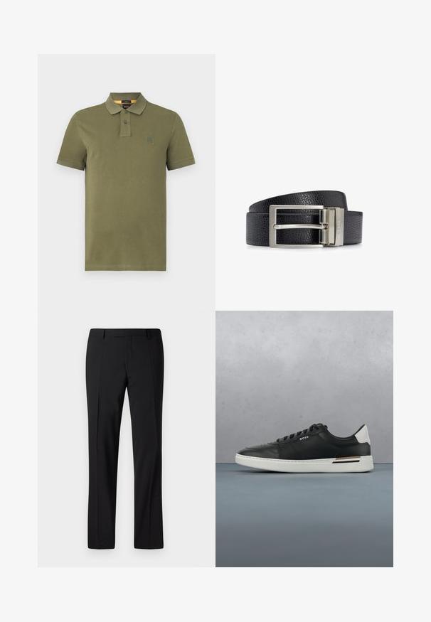 Polo de color verde olivo hecho de algodón, con una abertura de tres botones, mangas cortas y un pequeño parche con el logo en el pecho.; Pantalones negros ajustados con un diseño de pierna recta, que presentan una textura suave, pliegues frontales y una cinturilla clásica para un aspecto formal.; Zapatilla de cuero negra con suela blanca, cuenta con perforaciones, diseño de cordones, logo en el costado y detalle del talón en blanco y marrón.; Cinturón de cuero negro con un acabado texturizado, que presenta una hebilla de metal plateado. El diseño incluye una hebilla rectangular con dos picos.
