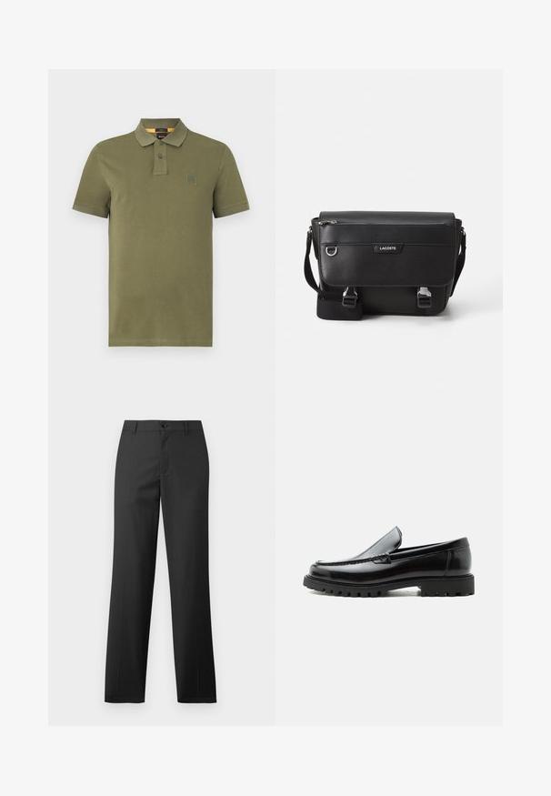 Õlivahelise roheline polo särk, mis on valmistatud puuvillast, koos kolme nupuga kaelusega, lühikeste varrukatega ja väikese logoga plaastriga rinnal.; Samsøe Samsøe SAJOHNNY TROUSERS - Püksid - turkish coffee; Mustast nahast loafers, millel on robustne kummist tald, õmmeldud pealne ja reljeefsete tähtedega brändinimi kannal, külgvaates valgel taustal.; Musta tekstuuriga Lacoste sõnumikott, millel on reguleeritav rihm, esiklapiga, tõmblukuga tasku ja metallist pandlad.