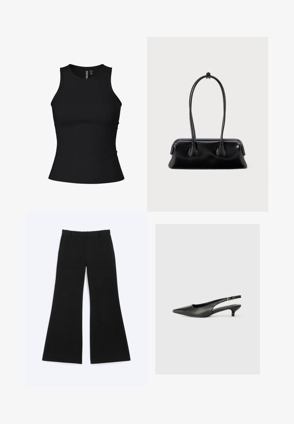 Débardeur en noir côtelé avec une coupe ajustée, un col rond et sans manches. Fabriqué à partir d'un matériau extensible pour plus de confort.; Pantalon noir à larges jambes avec passants pour ceinture et poches latérales, présenté à plat sur un fond blanc.; Chaussure slingback noire à bout pointu en cuir lisse. Présente un talon fin et un détail de boucle sur la sangle réglable.; Sac à main en cuir noir avec deux poignées allongées, une texture lisse et une base arrondie, ornée d'accents décoratifs sur les côtés.