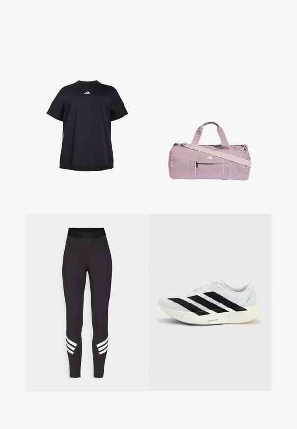 Schwarzes T-Shirt mit kurzen Ärmeln aus weichem Stoff, ausgestattet mit einem weißen horizontalen Akzent an den Seiten und einem weißen Logo auf der Brust.; Schwarze Leggings aus dehnbarem Stoff, mit einem breiten Bund und drei weißen horizontalen Streifen in der Nähe der Unterschenkel.; Weißer Laufschuh mit schwarzem Drei-Streifen-Design an der Seite und dicker weißer Sohle mit der Aufschrift "Lightstrike Pro" auf einfarbigem Hintergrund.; Hellviolette Reisetasche aus glänzendem Material mit zwei Griffen, einem abnehmbaren Schultergurt und einer vorderen Reißverschlusstasche mit Logo.