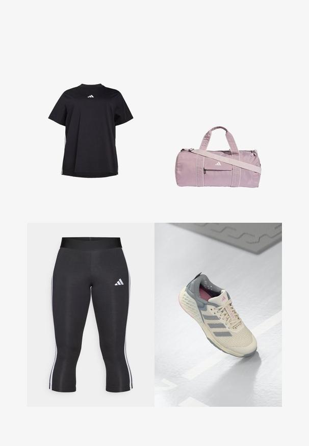 T-shirt noir à manches courtes en tissu doux, avec un accent horizontal blanc sur les côtés et un logo blanc sur la poitrine.; Leggings capri noirs avec une large taille, présentant des rayures blanches sur les côtés et un logo Adidas blanc sur la cuisse gauche. Texture lisse.; Baskets de sport beiges avec des accents gris, tige en maille et semelle texturée. Comprend trois bandes grises et des détails intérieurs roses.; Sac polochon violet clair en matériau brillant, doté de deux poignées, d'une bandoulière amovible et d'une poche zippée avant avec logo.