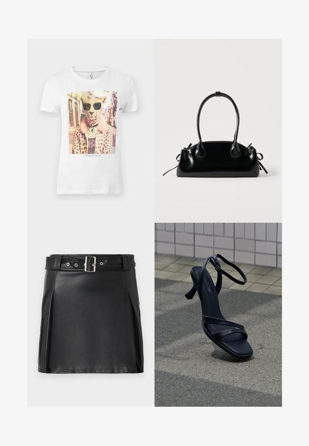 T-shirt en coton blanc avec un imprimé graphique d'un léopard portant des lunettes de soleil, avec un col en fourrure rose et des taches brunes sur le corps.; Jupe mini en faux cuir noir avec un design ajusté, des plis latéraux et une ceinture avec une boucle argentée et des œillets. Texture lisse, taille haute.; Sandale noire à talon haut avec lanières et boucle à la cheville, flottant au-dessus d'un sol gris texturé avec un mur carrelé en arrière-plan.; Petit sac à main noir brillant avec deux longues anses et des détails à cordon sur les côtés sur un fond clair uni.