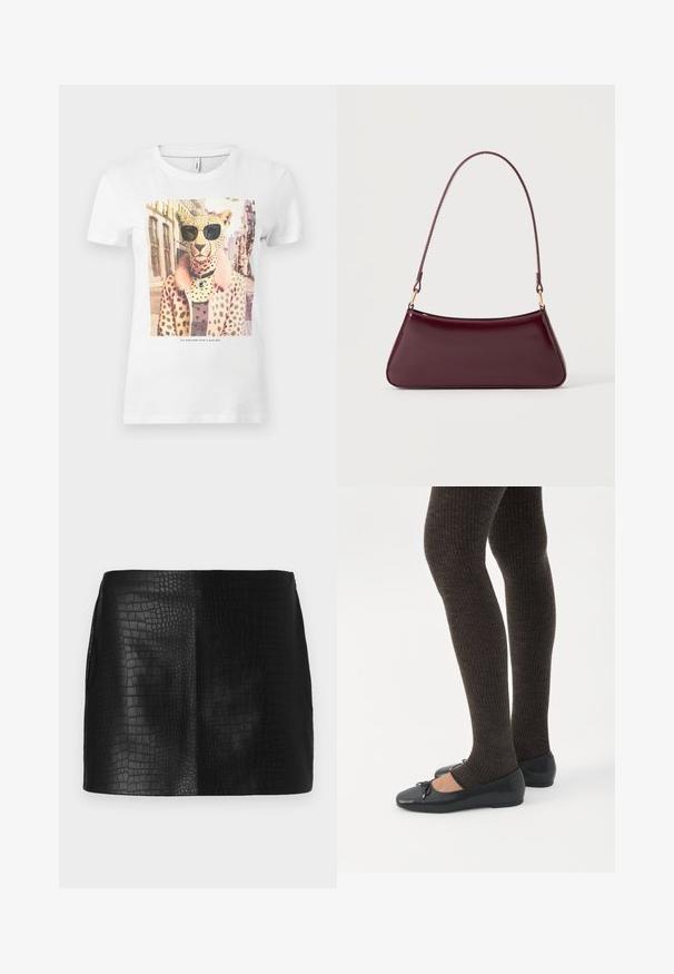 T-shirt en coton blanc avec un imprimé graphique d'un léopard portant des lunettes de soleil, avec un col en fourrure rose et des taches brunes sur le corps.; Mini jupe en simili cuir noir avec un motif crocodile texturé, présentant une finition lisse et une coupe ajustée sans accessoires visibles.; Jambes portant des leggings côtelés foncés associés à des ballerines noires avec de petits détails en nœud sur fond blanc.; Sac à main brillant bordeaux foncé avec une anse fine unique et une forme trapézoïdale élégante sur un fond clair uni.