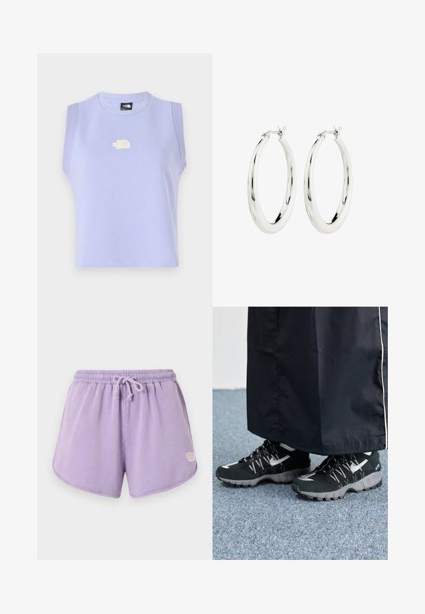 Lilla ilma varrukatega lühike topp, mis on valmistatud pehmest materjalist, ümarate kaelustega ja kitsa tikandiga logoga ees.; Pehmed lilla terrüspüksid, millel on elastne vöökoht ja nöör, ümardatud äär ning väike valge logo alumisel paremal küljel.; Mustad mustrehilised mustad spordijalatsid, millel on tekstuurne pealmine osa, hõbedased aktsendid ja mustriga tallaosad, koos musta pika riietusega. Seatud sinise vaiba taustale.; Hõbedased rõngaskõrvarõngad siledast ja läikivast viimistlusest. Ringikujuline, sisaldab kindlat kinnitust. Lihtne ja elegantne disain.