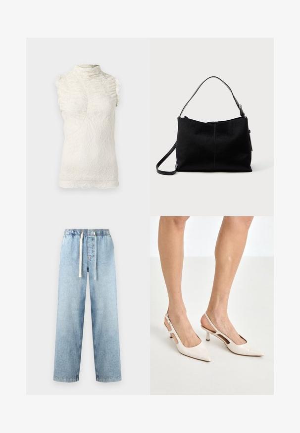 Lace ærmeløs top i creme med høj hals, der har volangdetaljer og et indviklet tekstureret mønster gennem hele.; Lyseblå vidbenede denimbukser med elastisk taljebånd og hvid snøre mod en ensfarvet baggrund.; Beige patenterede læder slingback hæle med spids tå og 5 cm hæl, med udskårne sider og en tynd ankelrem.; Sort skuldertaske med en glat, tekstureret overflade, prydet med en enkelt rem og en lynlåslukning øverst. Kompakt rektangulær form.