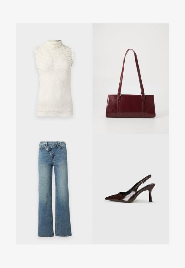 Lace ærmeløs top i creme med høj hals, der har volangdetaljer og et indviklet tekstureret mønster gennem hele.; Lyseblå denim jeans med vide ben og høj talje, let falmet effekt og knaplukning foran. Har fem lommer og minimal syning.; Brune patenterede læderslingback-sandaletter med spids tå, en tynd hæl og justerbar rem med en lille spænde.; Bordeaux håndtaske lavet af glansfuldt materiale, rektangulær form, med to skulderremme og subtile buede detaljer på forsiden.