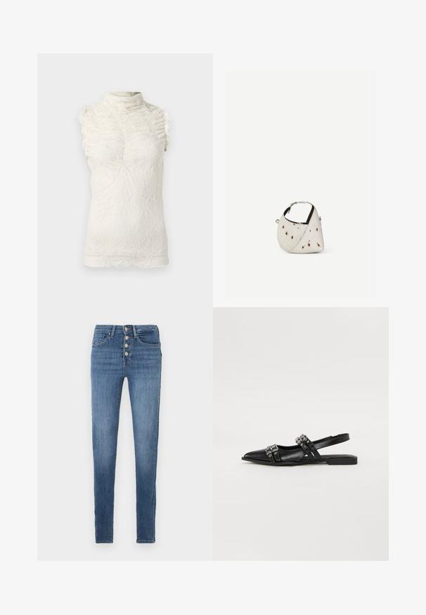 Lace ærmeløs top i creme med høj hals, der har volangdetaljer og et indviklet tekstureret mønster gennem hele.; Smaltsiddende jeans i mediumblåt denim, med høj talje, lukning med fem knapper og minimal falming eller slid.; Even&Odd by Zalando Slingback-ballerinasko - black; Lille hvid håndtaske med brune pletter, afrundet trekantet form, sort indvendig foring og kort justerbar rem med sølvspænde.