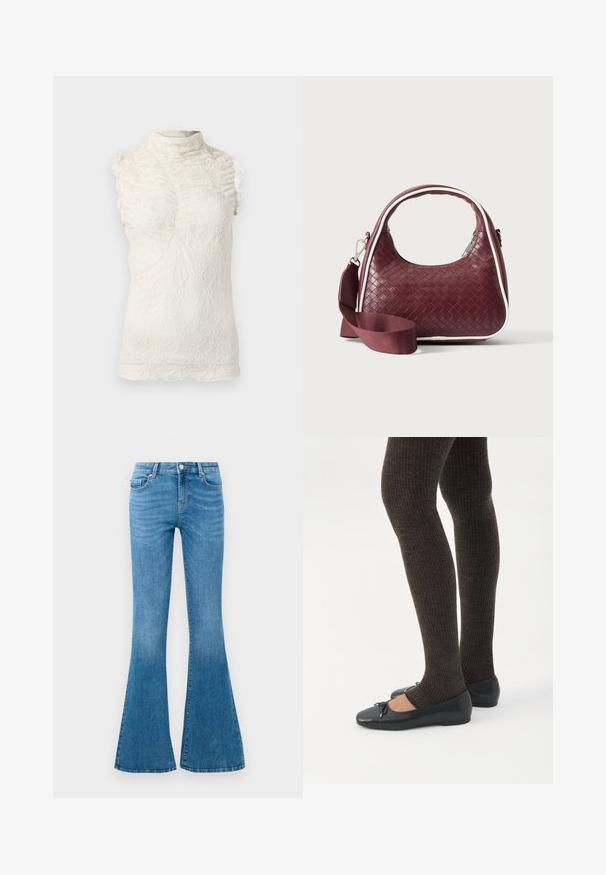 Lace ærmeløs top i creme med høj hals, der har volangdetaljer og et indviklet tekstureret mønster gennem hele.; Blå denim flared jeans med mellemhøj talje, der har fem lommer, en standard knaplukning og let falmning for struktur.; Ben iført mørke ribbede leggings kombineret med sorte balletsko med små sløjfedetaljer på hvid baggrund.; Mørkerød vævet lædertaske med buet hank, hvid kant, sølv lynlås og aftagelig bred stofskulderrem mod en ensfarvet baggrund.