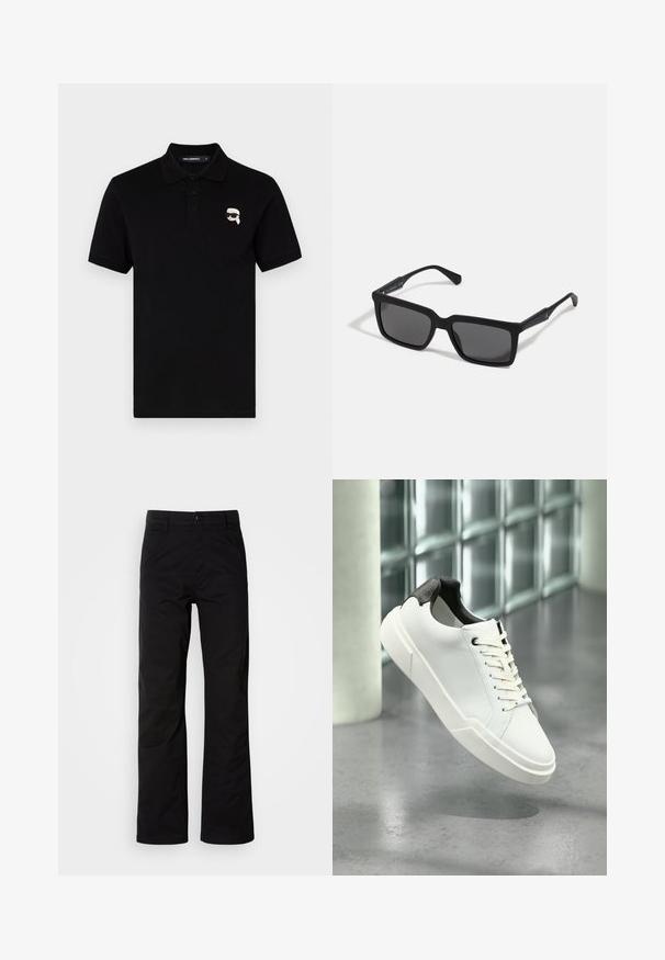 Zwarte polo in katoen met een kraag, drie knopen en een klein wit logo op de linkerborst. Korte mouwen en rechte snit.; Zwarte katoenen broek met een recht design, voorzien van een knoopsluiting en riemlussen. Gladde textuur en minimalistische stijl zonder zichtbare patronen.; Witte lage sneaker met zwarte, gestructureerde hielkap, witte veters en dikke zool op een gepolijste betonnen vloer nabij glazen blokken.; Zwarte zonnebril met rechthoekige lenzen, matte afwerking, dikke montuur en slanke veren met subtiele merkaanduiding.