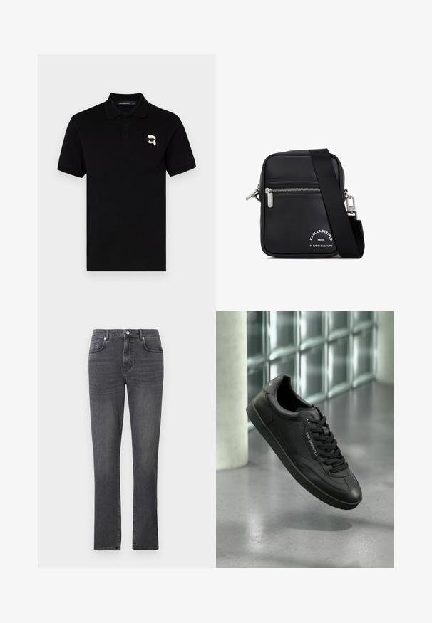 Polo shirt noir en coton avec un col, trois boutons et un petit logo blanc sur la poitrine gauche. Manches courtes et coupe droite.; Jean en denim gris avec une coupe droite, style cinq poches et des détails de surpiqûre subtils. Le tissu a une texture lisse.; Basket en cuir noir avec une finition texturée, lacets plats, bout arrondi et semelle en caoutchouc. Détail logo sur le côté.; Sac en cuir noir à bandoulière avec quincaillerie en argent, un compartiment zippé, une surface texturée et une marque blanche bien visible sur le devant.