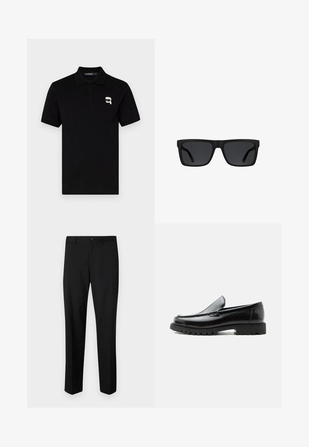 Schwarzes Polohemd aus Baumwolle mit einem Kragen, drei Knöpfen und einem kleinen weißen Logo auf der linken Brust. Kurze Ärmel und gerader Schnitt.; Schwarze maßgeschneiderte Hose mit flachem Frontschnitt, normaler Taille und geraden Beinen. Hergestellt aus glattem Material, mit einem einzelnen Knopfverschluss.; Schwarzer Lederloafer mit grober Gummisohle, genähter Oberseite und geprägtem Markennamen an der Ferse, seitlich auf weißem Hintergrund gezeigt.; Schwarze rechteckige Sonnenbrille mit dicken Rahmen und dunkel getönten Gläsern vor weißem Hintergrund.