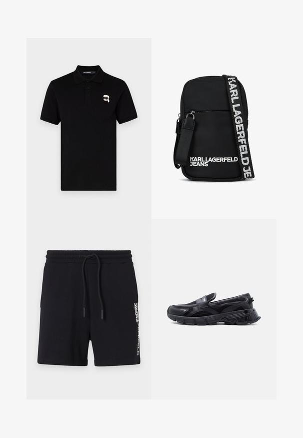 Sort polo skjorte i bomuld med krave, tre knapper og et lille hvidt logo på venstre bryst. Korte ærmer og lige snit.; Sorte bomulds shorts med snoretræk i taljen, prydet med et hvidt logo print på siden og en glat overflade. Klassisk design.; Sort slip-on sneaker med tyk tekstureret sål og meshpaneler, designet til afslappet og atletisk brug.; Sort stof crossbody tas med rektangulær form, der har en lynlåslukket frontlomme og en kontrasterende logo-rem i hvid.