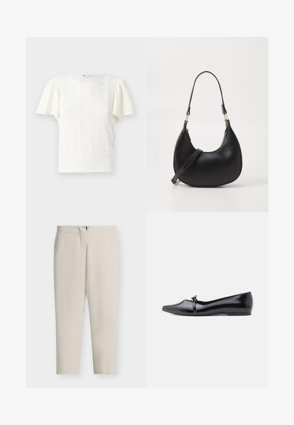 T-shirt blanc à manches courtes présentant un motif en tricot texturé avec des détails en œillets et de délicates rayures horizontales. Encolure ronde.; Pantalon beige sur mesure avec une coupe droite, poches latérales et fermeture éclair frontale. Tissu lisse avec un design épuré et minimaliste.; Ballerine en cuir verni noir avec bout pointu, bride décorative et texture lisse. Design minimaliste sans accents visibles.; Sac à main en cuir noir avec une forme courbée, doté d'une fermeture à glissière en haut, d'une courte poignée et d'une bandoulière amovible. Accent en métal doré.