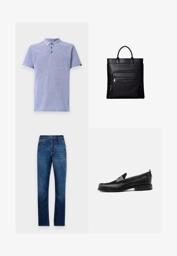 Polo skjorte i lyseblåt stof med korte ærmer, krave, tre-knaps lukning og kontrasterende hvide detaljer på kraven og ærmerne.; Blå lige ben denim jeans med fem lommer, bæltestropper og knaplukning, præsenteret på en enkel hvid baggrund.; Sort læderloafer med grå remdetalje, lav hæl og tekstureret sål, mærket med "HUGO" i guld på siden.; Sort læder tote taske med top håndtag og en front lynlåslomme med et lille Calvin Klein-logo på lommen.