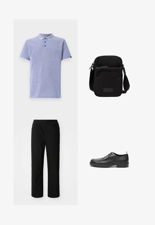 Polo en tela azul claro con mangas cortas, cuello, tapeta de tres botones y acentos blancos contrastantes en el cuello y las mangas.; Pantalones de algodón negros con un ajuste relajado, cinturilla elástica, dos bolsillos delanteros y piernas rectas. Textura suave sin patrones visibles.; Zapatos de cuero negro con un acabado suave, punta redondeada y costuras decorativas. Cuenta con una suela de goma con surcos para tracción y un diseño de cordones.; Bolso cruzado de tela negra con un compartimento principal con cremallera, acentos de cuero, bolsillo frontal y strap ajustable. Logo de Marc O'Polo visible.