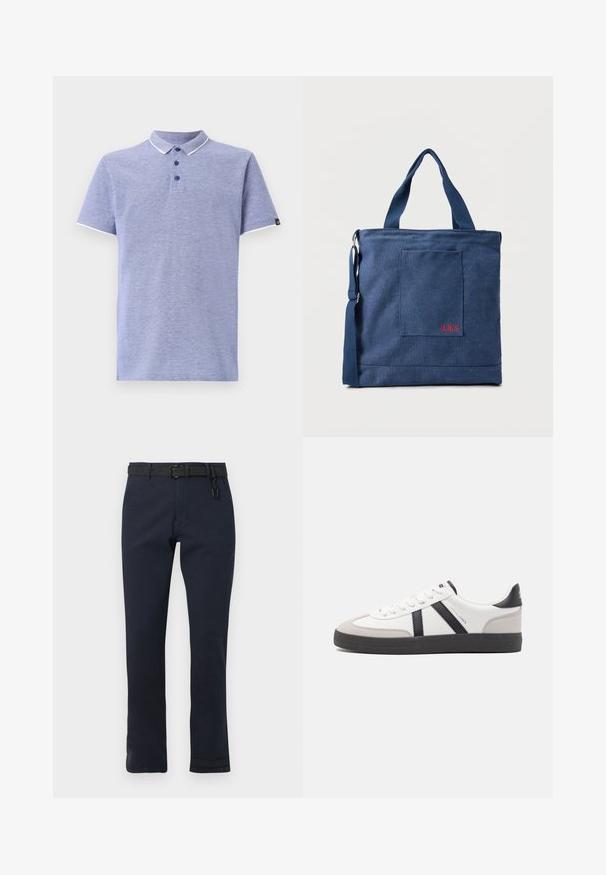 Polo en tela azul claro con mangas cortas, cuello, tapeta de tres botones y acentos blancos contrastantes en el cuello y las mangas.; Pantalones azul marino de corte recto, elaborados con un tejido duradero. Presentan un cinturón negro y un diseño sencillo sin patrones.; Zapatilla blanca con acentos en negro y gris, que presenta una puntera texturizada en gris, suela de goma negra y cordones planos blancos. Diseño limpio, estilo minimalista.; Bolso tote de lona azul con bolsillo frontal y bordado rojo "O.N.S", con asas dobles y una correa ajustable para el hombro.