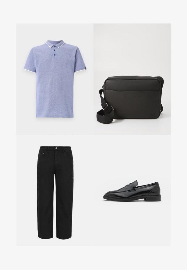 Polo-shirt van lichtblauwe stof met korte mouwen, kraag, een drieknoopsluiting en contrasterende witte accenten op de kraag en mouwen.; Zwarte rechte broek met knoop- en ritssluiting aan de voorkant, riemlussen en drie voorzakken op een effen lichte achtergrond.; Zwarte leren instappers met een gladde afwerking, voorzien van een ronde neus en een smalle band over de bovenkant. Lage gestapelde hak.; Zwarte schoudertas gemaakt van gestructureerde stof, met een ritssluiting, verstelbare schouderriem en een reliëflogo op het voorpaneel.