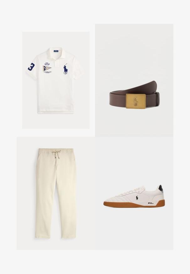 Hvit poloskjorte med marineblå nummer 3 på ermet, marineblå polospiller-logo på brystet og yachtklubb- og marineturmerker foran.; Off-white kosebukser med elastisk midje og snor, rette ben og sidelommer mot en ensfarget bakgrunn.; Hvit lav sneaker med brun gummisåle, svart Polo Ralph Lauren-logo på siden og teksten "RL" på hældelen.; Brunt lærbelte med et rektangulært gullspenne som har en hevet Polo-spiller til hest som holder en kølle.