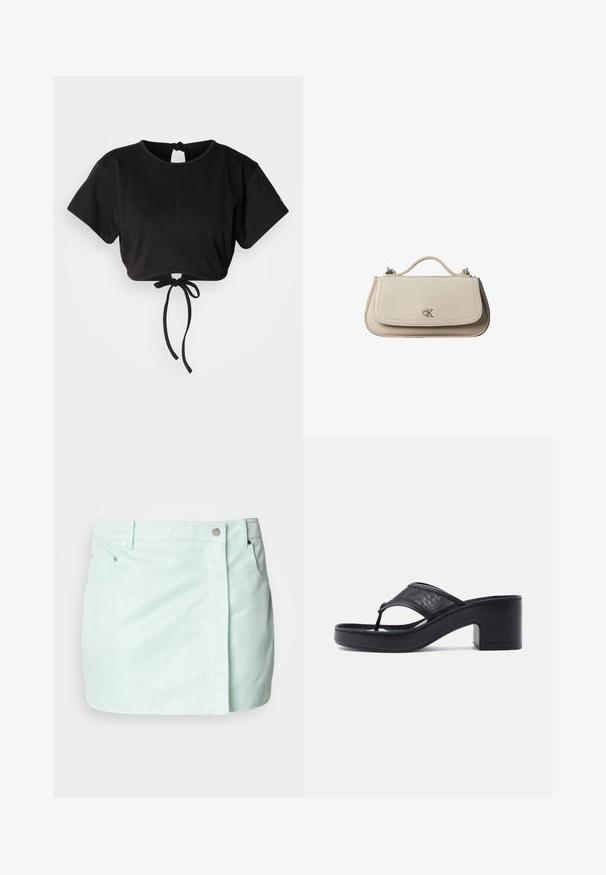 Μαύρο cropped t-shirt φτιαγμένο από μαλακό ύφασμα, με κοντά μανίκια, στρογγυλή λαιμόκοψη και λεπτομέρεια με κορδόνι στην πλάτη για ρύθμιση.; Ελαφρύ τζην φούστα σε μέντα πράσινο χρώμα, με κουμπί και φερμουάρ στο μπροστινό μέρος, δύο πλάγιες τσέπες και καθαρή, λεία υφή.; Μαύρο σανδάλι με φτέρνα στριγκ και χοντρό τακούνι, με φαρδιά ζώνη από δίχτυ πάνω στο πόδι, σε απλό ανοιχτό φόντο.; Μικρή μπεζ δερμάτινη τσάντα χειρός με επάνω λαβή και ασημένιο λογότυπο CK στη μπροστινή πτερύγιο, εμφανίζεται σε λευκό φόντο.