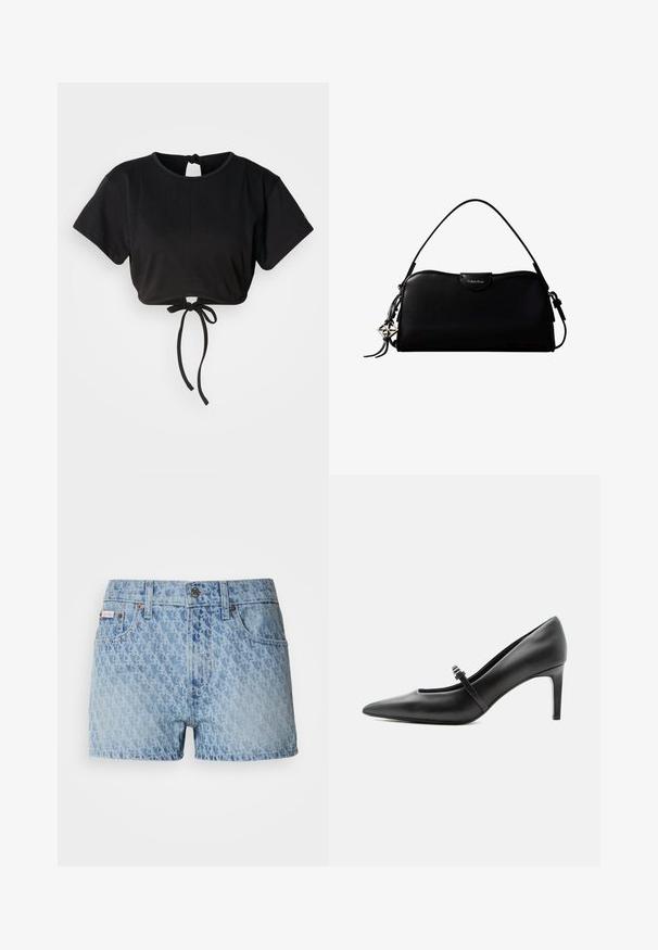 Sort cropped t-shirt lavet af blødt stof, med korte ærmer, rund halsudskæring og en bindedetalje bagpå til justering.; Denimshorts i lyseblå med et tekstureret, gentagende mønster. Har en knaplukning og et rødt mærke på venstre lomme.; Sort læderspids højhælede sko med tynd rem og spænde over vristen, stående på en neutral lys baggrund.; Sort rektangulær Calvin Klein håndtaske med enkelt toprem, sølvlogo vedhæng og lille klaplukning foran.