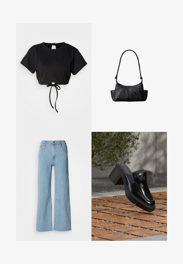 Sort cropped t-shirt lavet af blødt stof, med korte ærmer, rund halsudskæring og en bindedetalje bagpå til justering.; Lyseblå vidde jeans lavet af denim, med en tætsiddende talje, fem-lomme design og subtile syningsdetaljer.; Sort læder Calvin Klein slip-on mule med blokhæl, der hviler på trætøj udendørs nær en grøn plante og en grå væg.; Sort læder skuldertaske med lang rem, sidelommer og præget Calvin Klein-logo på fronten.