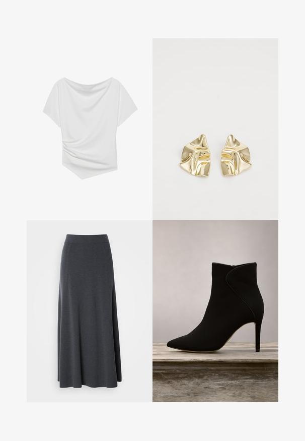 White short-sleeve top with an off-the-shoulder design, featuring a draped texture and cinched detail on one side. Smooth fabric.; Dark gray maxi skirt made of soft, stretchy fabric. Features a high waistband and flowing design, with subtle side seams for shape.; Black ankle boot with a pointed toe, smooth texture, high stiletto heel, and contrasting beige accents along the seams.; Gold metallic earrings with a wavy design; smooth, reflective surface; asymmetric shape; no visible patterns or hardware.