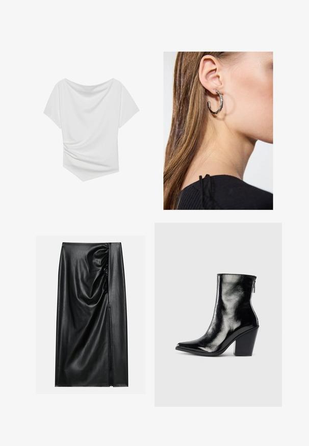 White short-sleeve top with an off-the-shoulder design, featuring a draped texture and cinched detail on one side. Smooth fabric.; Black leather skirt with a smooth texture, featuring a gathered section on one side and a side slit for added detail.; Black leather ankle boot with a shiny finish, pointed toe, and a block heel. Features a side zipper for easy wear.; Silver hoop earring with a polished finish, featuring small gold accent details and a round shape, worn on the lobe.