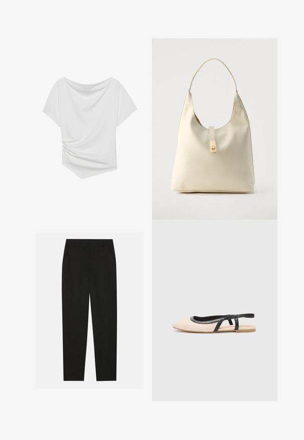 Wit top met korte mouwen en een off-the-shoulder ontwerp, voorzien van een gedrapeerde textuur en een geplooid detail aan één kant. Glad materiaal.; Zwarte broek met een tailormade ontwerp, voorzien van zijzakken en een rechte pijp. Gemaakt van een soepele, lichte stof met een strakke afwerking.; Slingback platte schoenen met een nude bovenkant, zwarte leren afwerking en een kleine hak. Heeft open zijkanten en een ronde te design.; Crèmekleurige leren hobo-tas met een enkele schouderband, een gladde textuur en een goudkleurige sluiting aan de voorkant.