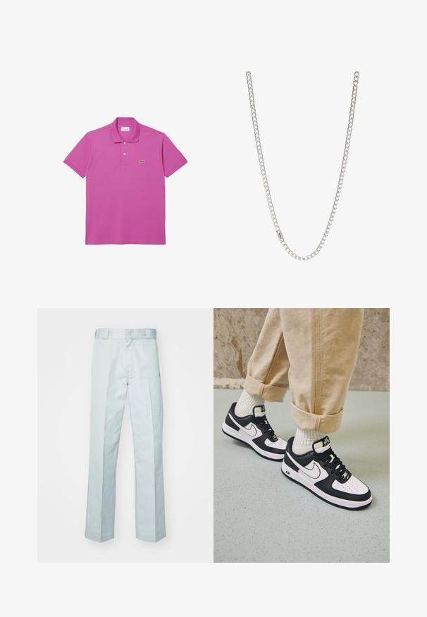 Pink polo skjorte lavet af bomuld med korte ærmer, ribbet krave og to-knaps lukning. Har et grønt Lacoste-logo på brystet.; Lysblå bomuldsbukser med lige ben design, prydet med diskrete folder og en glat tekstur, afsluttet med et standard taljebånd.; Sorte og hvide Nike Air Force 1 sneakers med læderoverdel, perforeret tå og tekstureret såldetalje, båret med rullede beige bukser og hvide sokker.; Sølv kædedesign med sammenkoblede led, glat tekstur og ensartet rektangulær form. Sikker lukning.