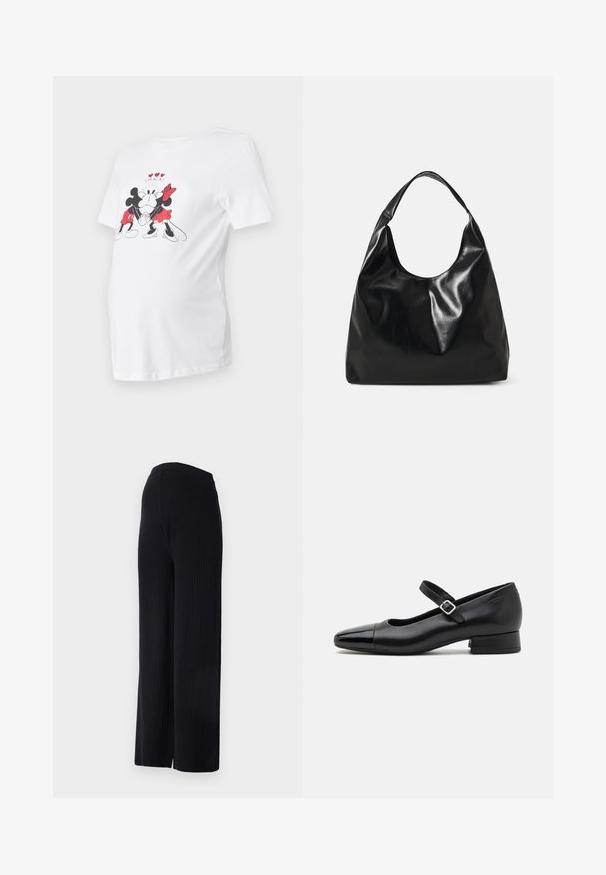 Camiseta de maternidad blanca con un gráfico de Mickey y Minnie Mouse, detalles en negro y rojo, mangas cortas y un corte relajado.; Even&Odd Maternity by Zalando FULL LENGTH WIDE RIB PANTS M-EV4_SS22_2-1-A_011 - Pernera ancha - black; Zapatos Mary Jane de cuero negro con puntera de charol, correa de tobillo ajustable y tacón bajo. Textura suave y diseño elegante.; Bolso hobo de cuero negro con una textura suave y brillante y un diseño de parte superior redondeada y abierta. Cuenta con una amplia correa curvada para llevar. Sin hardware visible.