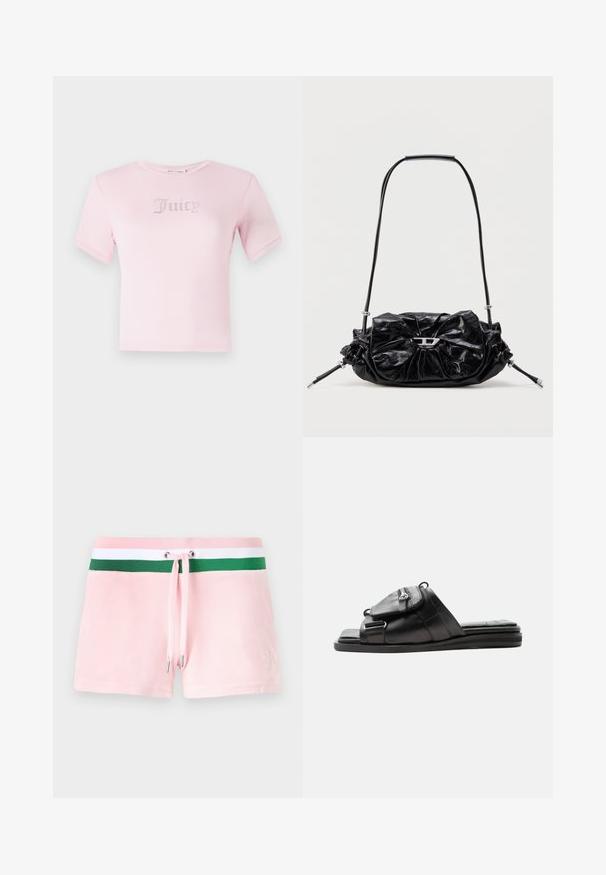 Roze katoenen t-shirt met korte mouwen, met het woord "Juicy" in rhinestones op de borst. Klassieke ronde halslijn en fitted ontwerp.; Roze katoenen shorts met een groen-witte gestreepte tailleband, voorzien van een trekkoord en zilveren metalen uiteinden. Subtiele logo borduursel aan de zijkant.; Zwarte leren slippers met gevoerde zool en vooraan ritsvak detail op het bandje.; Zwarte leren handtas met een geplooid design en een strikdetail aan de voorkant. Voorzien van een korte handgreep en zilverkleurige metalen accenten.