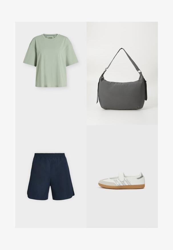 T-shirt oversize uni vert sauge clair à manches courtes, col rond et étiquette de marque visible à l'intérieur du col.; Shorts de sport bleu marine avec taille élastique et fentes latérales, présentés à plat sur un fond clair uni.; Baskets blanches avec rayures argentées, embout en daim et bande velcro. Semelle en caoutchouc gomme texturée. Design minimaliste avec une finition lisse.; Sac à épaule en tissu gris rembourré avec une forme incurvée, une texture lisse, une bandoulière ajustable et un logo subtil en relief à l'avant.