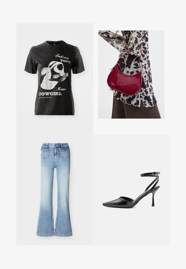 Zwarte katoenen T-shirt met korte mouwen, voorzien van een grafisch ontwerp van een cowboyhoed en witte tekst. Ongelijke rand bij de halslijn en een verouderde textuur.; Lichtblauwe high-waisted spijkerbroek met wijde pijpen, twee voorzakken met klep en knoopsluiting, en een knoop- en ritssluiting.; Zwarte pumps met puntige neus, dunne enkelbandjes en een zilveren gesp op een effen lichte achtergrond.; Vrouw met een zwart-wit gebloemde blouse houdt een glanzende rode schoudertas vast tegen een effen achtergrond.