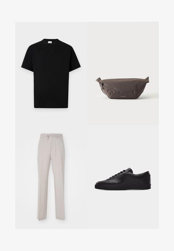 Sort bomuld t-shirt med rund hals, korte ærmer og lige snit. Ingen synlige mønstre eller hardwaredetaljer.; Lys beige bukser med lodrette tynde striber, designet med elastisk talje og snorelukning. Blødt stof, lige ben-design.; Sort lavtstående lædersneaker med snørebånd foran og flad gummisål, vist fra siden på en ensartet hvid baggrund.; Mørkebrun stof talje taske med diagonalt lynlåslomme og lille hvidt logo på fronten, sat mod en ensfarvet lys baggrund.