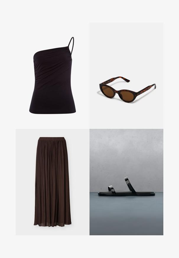 Top negro de un solo hombro hecho de una tela suave y elástica con un diseño ajustado y detalles fruncidos en el costado. Incluye una fina banda ajustable.; Falda larga plisada de color marrón oscuro con cintura elástica, tela ligera y detalle de abertura lateral.; Sandalia negra tipo chancla con dos tiras brillantes sobre una superficie texturizada de madera y grava al aire libre, cerca de vegetación y una pared de cemento.; Gafas de sol de carey marrón con una forma vintage de ojo de gato y lentes marrones. Presentan brazos curvados con acentos rojos.