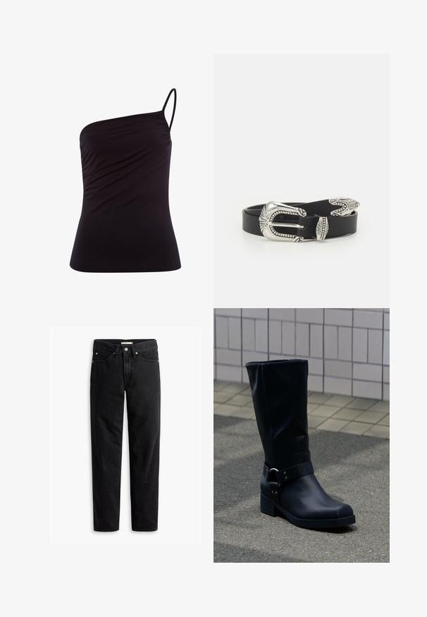 Schwarzes Ein-Schulter-Top aus weichem, dehnbarem Stoff mit tailliertem Design und Raffung an der Seite. Dünner, verstellbarer Träger enthalten.; Schwarze gerade Jeans mit Knopf- und Reißverschluss, Gürtelschlaufen sowie Vorder- und Gesäßtaschen, auf weißem Hintergrund flach präsentiert.; Schwarzer Lederstiefel bis zur Mitte der Wade mit niedrigem Blockabsatz und dekorativem Riemen mit Metallschnalle um den Knöchel, auf einem gefliesten Gehweg.; Schwarzer Ledergürtel mit einer großen silbernen Metallschnalle, die über feine Verzierungen und dekorative Akzente an beiden Enden verfügt.