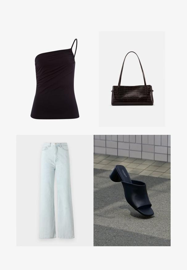 Top negro de un solo hombro hecho de una tela suave y elástica con un diseño ajustado y detalles fruncidos en el costado. Incluye una fina banda ajustable.; Jeans de pierna ancha de un azul claro con cintura alta, hechos de tela de mezclilla. Cuenta con un cierre de botón y cremallera, además de bolsillos frontales.; Mule de piel negra con punta abierta y tacón ancho, posicionado sobre asfalto cerca de una superficie de baldosas.; Bolso rectangular marrón oscuro con textura de cocodrilo en relieve y dos finas asas para el hombro sobre un fondo liso.