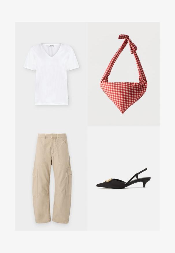 Witte T-shirt met korte mouwen en V-hals met een klein merkembleem aan de onderkant en een label aan de binnenkant van de kraag.; Beige cargobroek met meerdere zakken, rechte pijpen, knoop- en ritssluiting, en riemlussen op een witte achtergrond.; Zwarte slingback-hakken met een spitse neus, satijnmateriaal, gouden bloemversiering en een lage kittenhak voor extra comfort.; Zachte stoffen schoudertas met rood-wit geruit patroon, geknoopte handgreep en driehoekige vorm tegen een effen achtergrond.