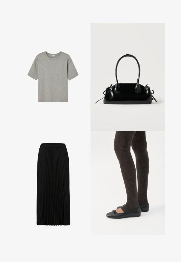 Grijze T-shirt met korte mouwen, gemaakt van zachte katoen, met een ronde hals en een ontspannen pasvorm zonder opvallende patronen of accenten.; Zwarte geplooide midi-rok met elastische tailleband en verticale plooien, getoond tegen een witte achtergrond.; Benen met donkere geribbelde leggings gecombineerd met zwarte ballerina's met kleine strikdetails op een witte achtergrond.; Kleine zwarte glanzende handtas met twee lange hengsels en zijkant trekkoord details op een effen lichte achtergrond.
