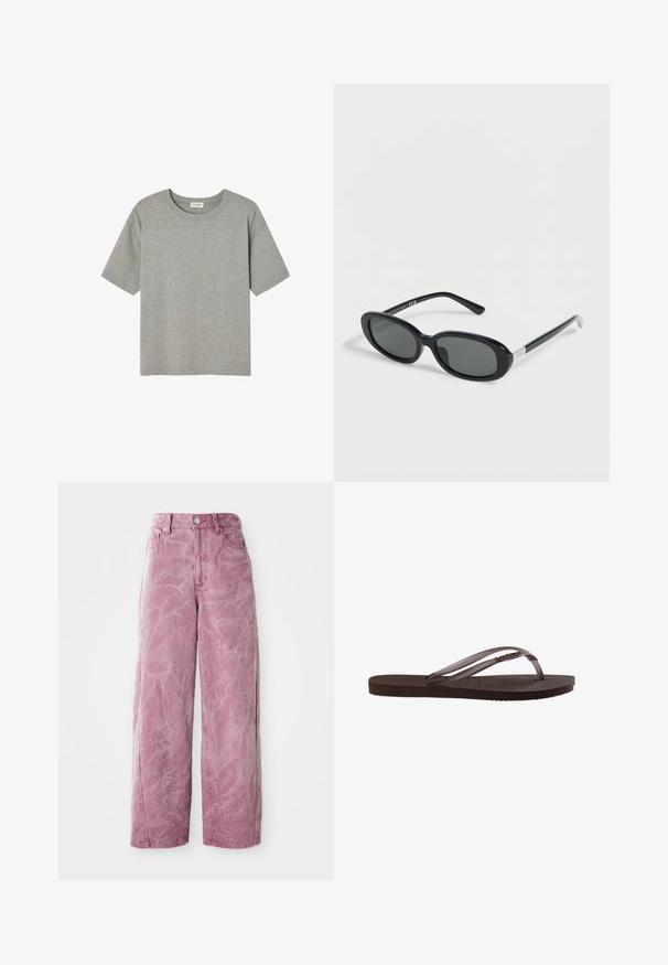 Grå T-shirt med korte ærmer lavet af blød bomuld, med runde halsudskæring og afslappet pasform uden fremtrædende mønstre eller detaljer.; Rosa bredde ben jeans med høj talje, med en falmet, tekstureret finish, knaplukning og sidelommer.; Brun gummiflips med tekstureret sål og tynde remme med lille dekorativt metal-detalje på siden.; Sorte ovale solbriller med mørke brilleglas og tynde stel, med et lille sølv Polo-logo på stængerne.