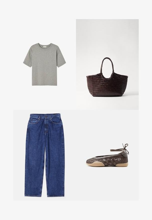 Grijze T-shirt met korte mouwen, gemaakt van zachte katoen, met een ronde hals en een ontspannen pasvorm zonder opvallende patronen of accenten.; Blauwe denim wijde pijp jeans met een hoge taille, vijf zakken en klassieke knoop- en ritsluiting. Getextureerde stof met subtiele vervaging.; Bruine geweven platte schoen met beige zool en enkelbinders, met leren overlays en open geweven ontwerp aan zijkanten en neus.; Geweven bruin tote bag met een afgeronde bovenkant en twee handvatten. Heeft een gestructureerd patroon met een brede, open constructie voor gemakkelijke toegang.