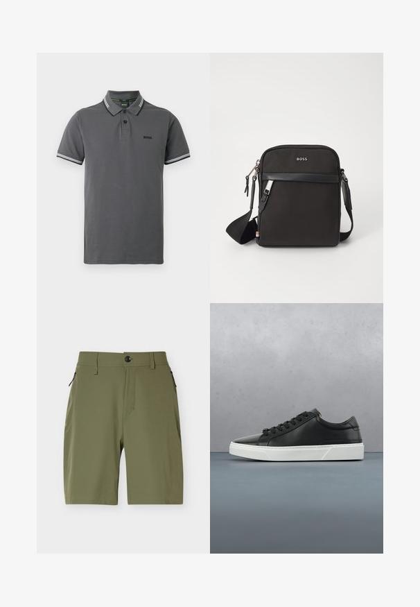 Polo gris avec un design classique, patte à deux boutons et accents rayés blancs contrastants sur le col et les manches.; Shorts pour hommes longueur genou de couleur vert olive avec fermeture par bouton et poches latérales zippées sur fond blanc.; Baskets en cuir noir avec un bout rond, surface texturée, semelle en caoutchouc blanc et lacets noirs. Design minimaliste avec un profil épuré.; Sac bandoulière noir en tissu texturé, avec un logo sur le devant, fermeture éclair et une bandoulière réglable. Finitions en cuir lisse.