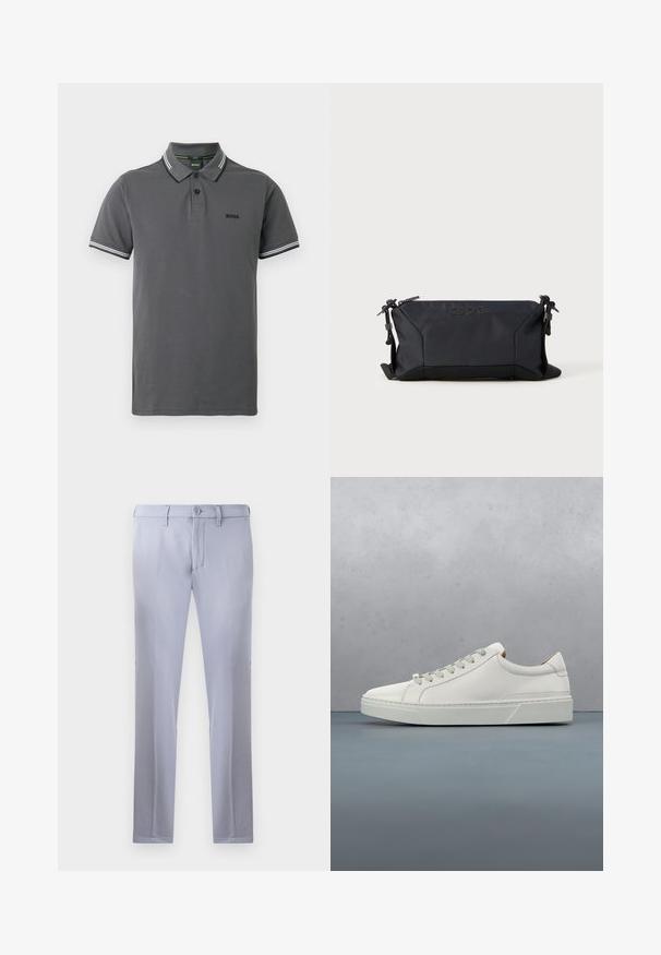 Polo gris avec un design classique, patte à deux boutons et accents rayés blancs contrastants sur le col et les manches.; Pantalons tailleur gris clair en tissu lisse, dotés d'une fermeture à bouton, de passants de ceinture et d'une coupe droite. Pas de poches visibles.; Baskets en cuir blanc avec un bout arrondi, design minimaliste, lacets gris et semelle en caoutchouc gris texturé. Détails de couture subtils visibles.; Pochette noire en nylon avec tissu texturé, dotée d'une fermeture à glissière sur le dessus et de détails de logo. Design compact avec clips latéraux. Mesure environ 30 cm.