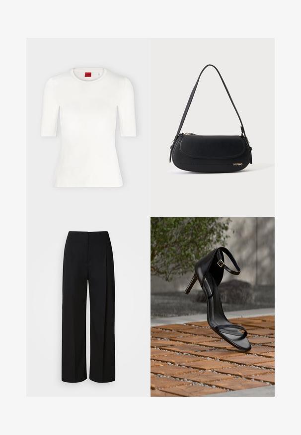 T-shirt blanc ajusté à manches courtes avec col rond et étiquette de marque rouge à l'intérieur du col.; Pantalon noir taille haute à jambes larges avec une fermeture avant dissimulée, des coutures ajustées et un tissu lisse et structuré.; Sandale noire à talon haut avec sangle à la cheville, suspendue au-dessus d'un sol en carreaux de bois à l'extérieur, avec un arrière-plan flou de verdure et de pierre.; Sac à épaule en cuir noir avec rabat incurvé, logo doré "HUGO" sur le devant, et une bandoulière réglable.
