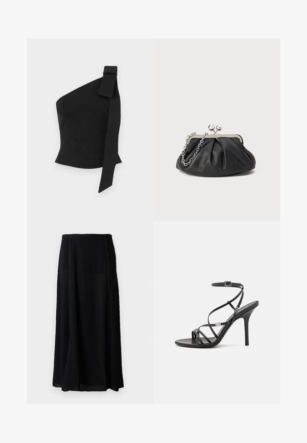 Top negro asimétrico hecho de tela texturizada; presenta un detalle de lazo en el hombro izquierdo y un diseño ajustado.; Falda maxi negra hecha de un material ligero, con un diseño fluido, de color negro sólido y detalles sutiles en las costuras laterales.; Sándalo negro de tacón alto con tiras finas, hebilla en el tobillo, superficie de cuero suave y tacón de aguja esbelto.; Clutch de cuero negro con textura arrugada, marco de metal en tono plateado, cierre de beso y cadena para colgar. Superficie suave y lisa.