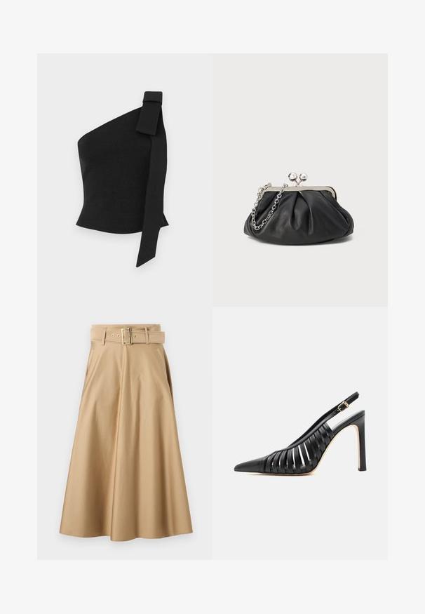 Asymmetrisch zwart top gemaakt van textuurstof; heeft een strikdetail op de linkerschouder en een getailleerd ontwerp.; Beige katoenen rok met een hoge taille en ceintuur, wijde silhouet en zijzakken. Voorzien van een gesp in goudkleur en gestikte details.; Zwarte hoge hak slingback-schoen met puntige neus en uitgesneden leren bandjes, met een gouden gesp op het enkelbandje.; Zwarte leren clutch met geplooide textuur, zilverkleurig metalen frame, drukknopsluiting en kettingriem. Glad, zacht oppervlak.