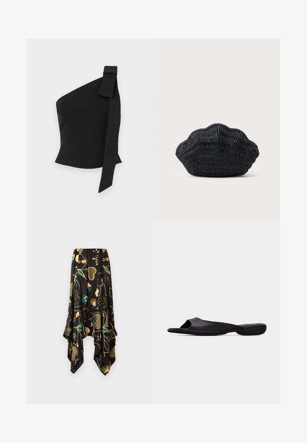 Top negro asimétrico hecho de tela texturizada; presenta un detalle de lazo en el hombro izquierdo y un diseño ajustado.; Falda negra asimétrica con patrones florales y de corazones en verde, durazno y amarillo, con un diseño fluido y dobladillo de pañuelo.; Sandalia negra tipo slide con puntera abierta, suela texturizada y diseño minimalista, vista de lado sobre un fondo gris claro liso.; Bolso de mimbre negro con forma de concha de vieira con parte superior curva y textura tejida sobre un fondo liso.
