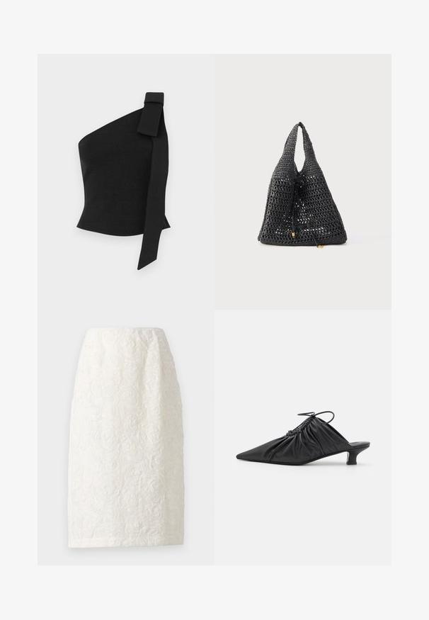 Top negro asimétrico hecho de tela texturizada; presenta un detalle de lazo en el hombro izquierdo y un diseño ajustado.; Falda blanca hasta la rodilla con un patrón floral texturizado, que presenta diseños de rosas en relieve y un sutil brillo. Silueta simple y recta.; Mules negros de cuero sin hebillas con punta afilada, textura recogida y un pequeño tacón de gato. Presentan un detalle de cordón en la abertura.; Bolso negro tejido con una textura abierta tipo malla. Cierre ajustable con cordón y dos asas. Diseño sencillo sin adornos adicionales.